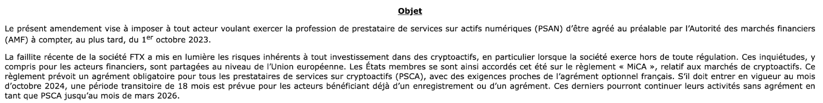 Texte officiel présentant un amendement imposant un agrément AMF obligatoire aux prestataires de services sur actifs numériques (PSAN) à partir du 1er octobre 2023.