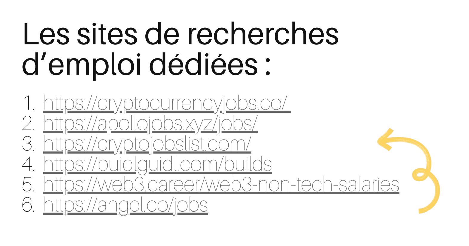 Liste de sites dédiés à la recherche d’emploi blockchain et Web3 : Cryptocurrency Jobs, Apollo Jobs, Crypto Jobs List, BuidlGuild, Web3 Career et Angel.