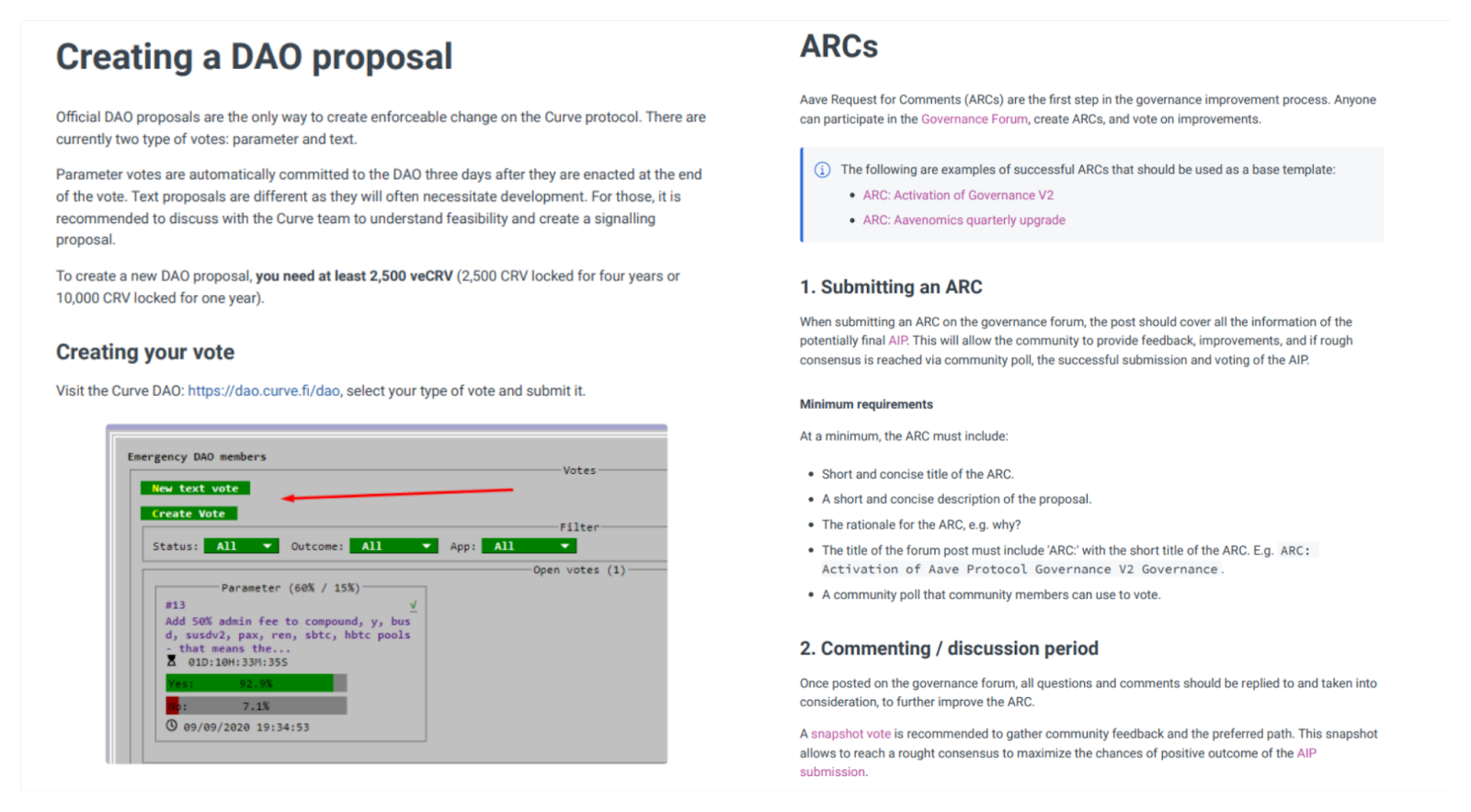 Comment créer une proposition sur Curve (à gauche) et Aave (à droite)