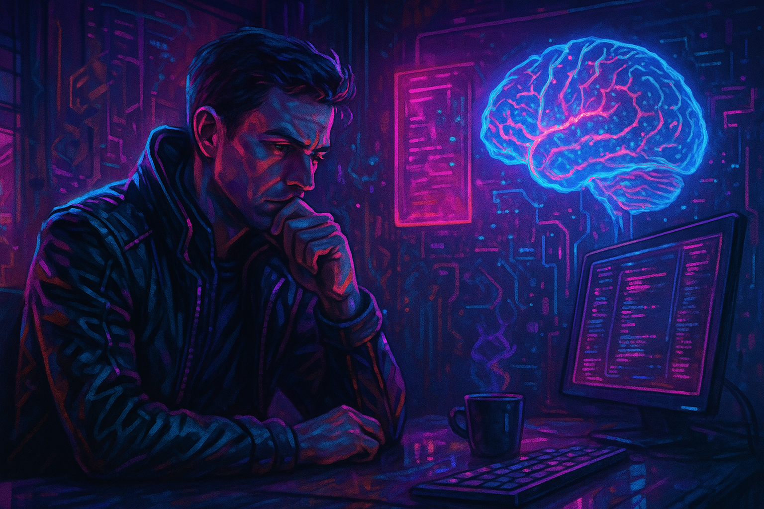 Un homme pensif face à une interface futuriste dans une ville cyberpunk, symbolisant la place de la réflexion humaine, de l’intuition et de l’éthique dans un monde dominé par l’intelligence artificielle.