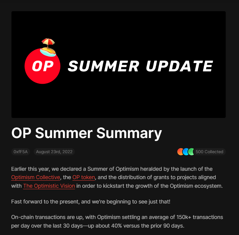 Graphiques montrant la hausse des transactions sur OP Mainnet durant l’été, avec une augmentation d’environ +40 % (150 000/jour), illustrant la croissance de l’écosystème Optimism.