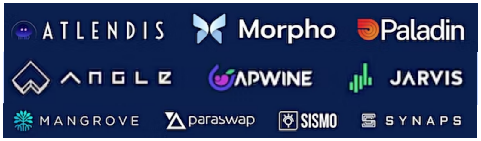 "Logos de projets DeFi français : Atlendis, Morpho, Paladin, Angle, APWine, Jarvis, Mangrove, Paraswap, Sismo et Synaps.